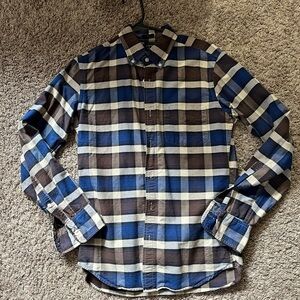 Men's J. Crew Slim Fit Oxford Button Up Long Sleeve Shirt Blue Brown Plaid Sz S